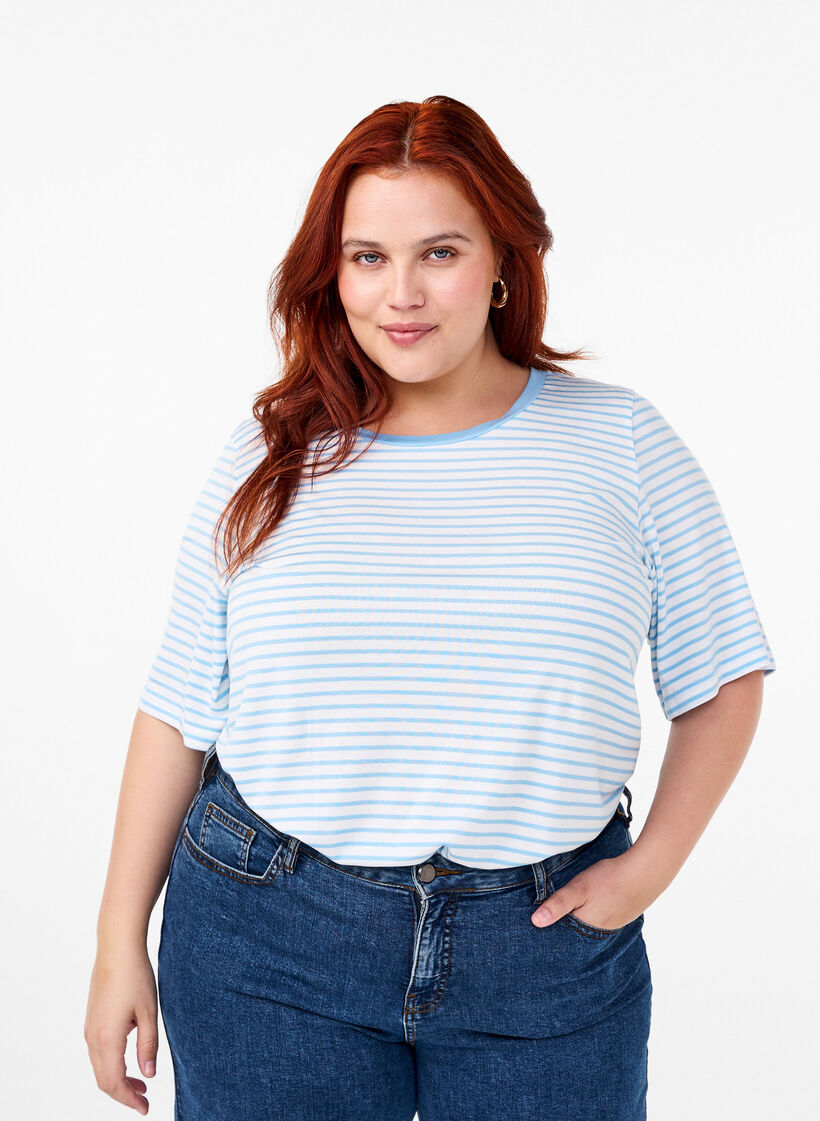 Gestreept T-shirt van lyocell met ronde hals, Blauw, Model image number 0