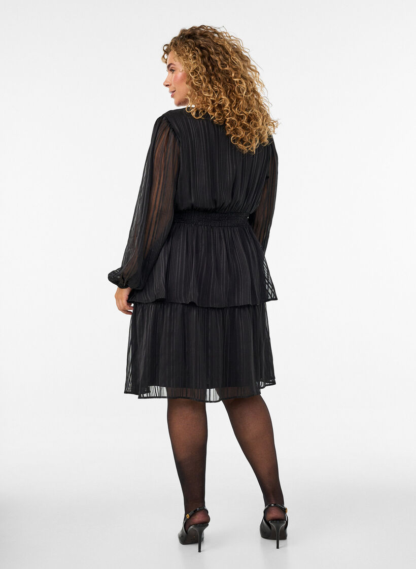 Jurk tot op de knie met transparante strepen en wikkeleffect, Zwart, Model image number 2
