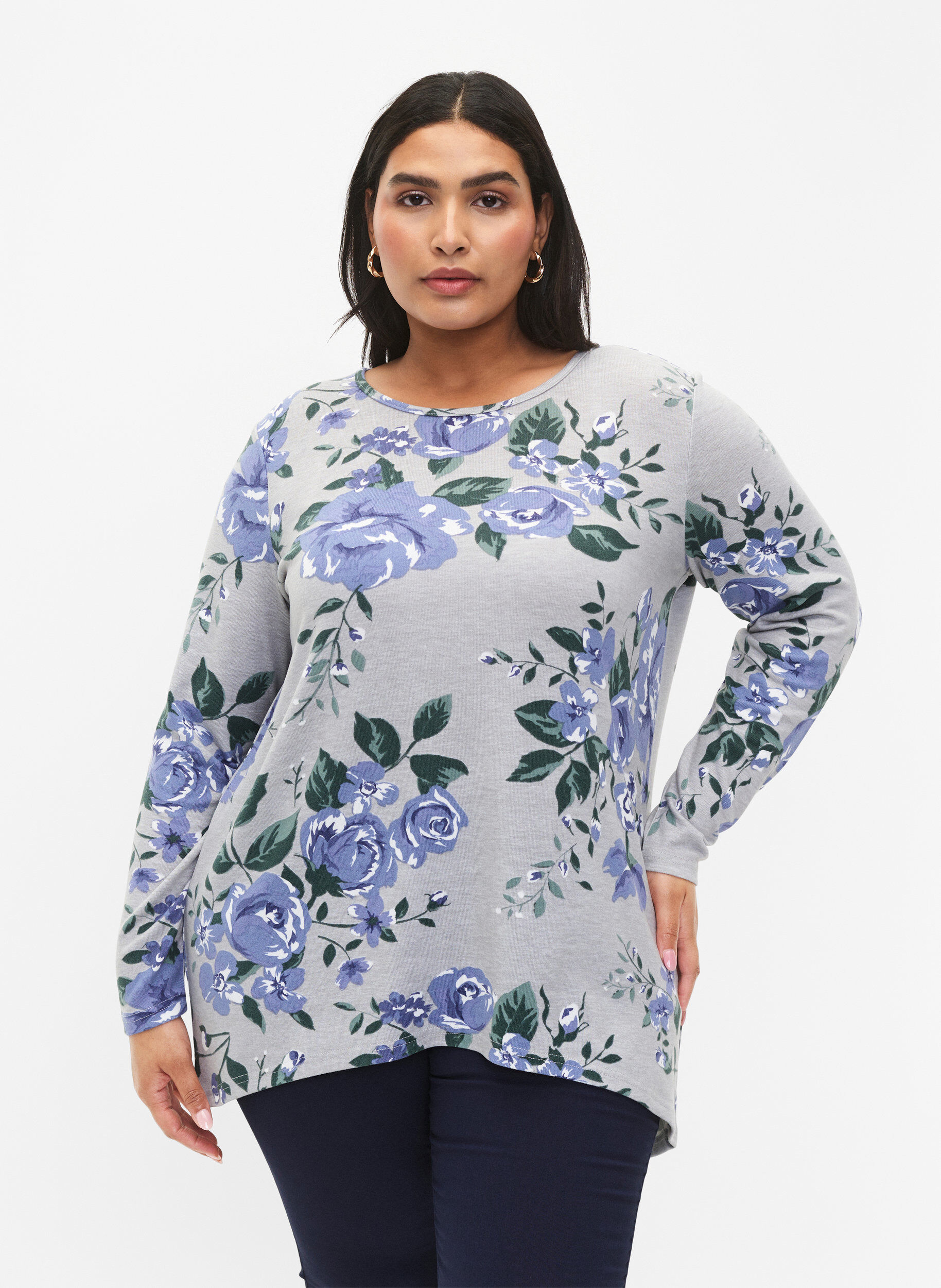 Zizzi Gebloemde blouse met lange mouwen, Blauw, Model image number 0