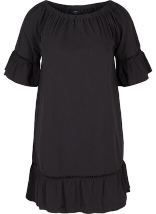 Katoenen jurk met kanten rand en korte mouwen, Black, Packshot image number 0