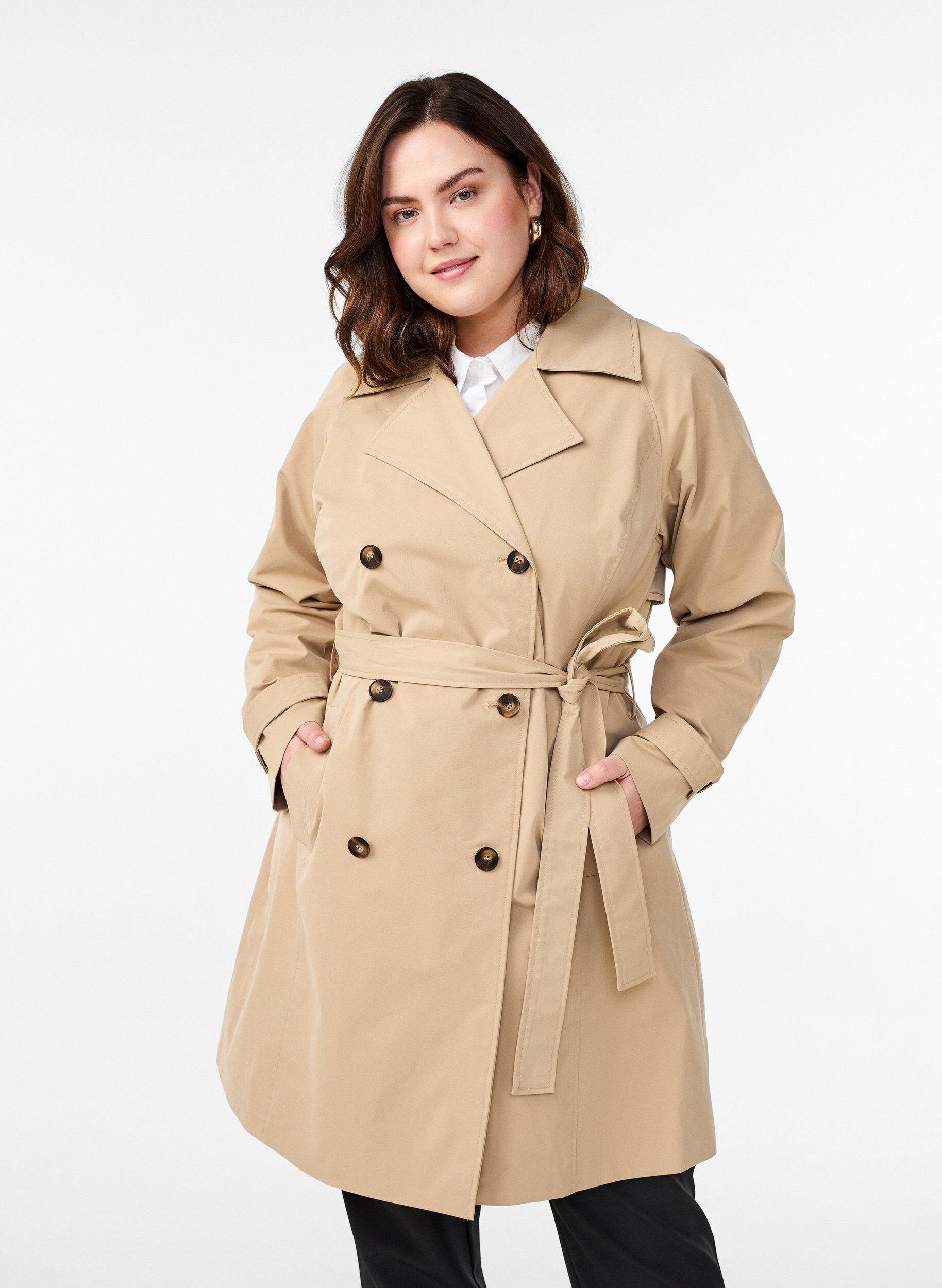 Zizzi Halflange trenchcoat met ceintuur, Incense, Model image number 0