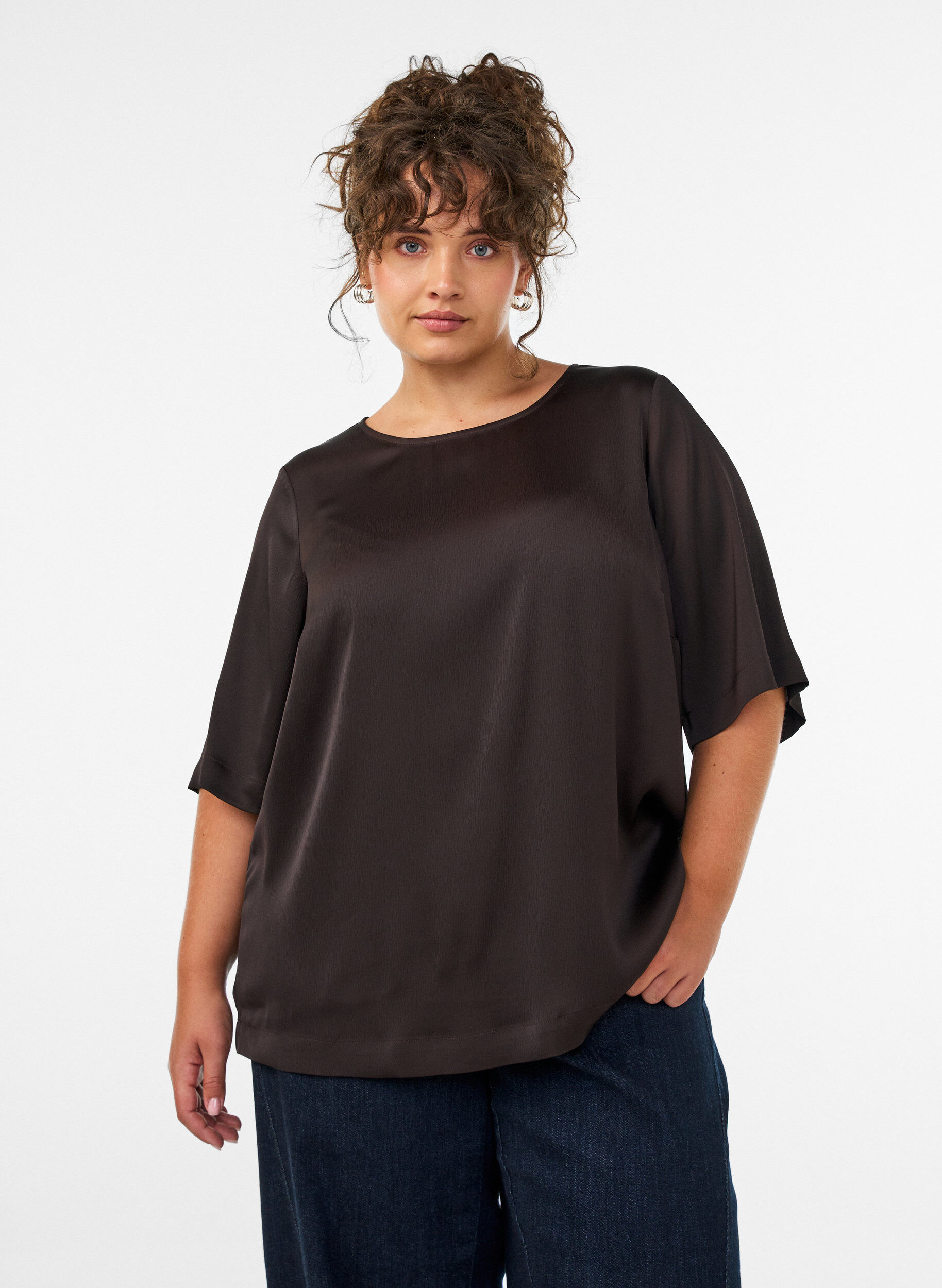 ZizziSatijnen blouse met ellebooglange mouwen, Bruin, Model image number 0