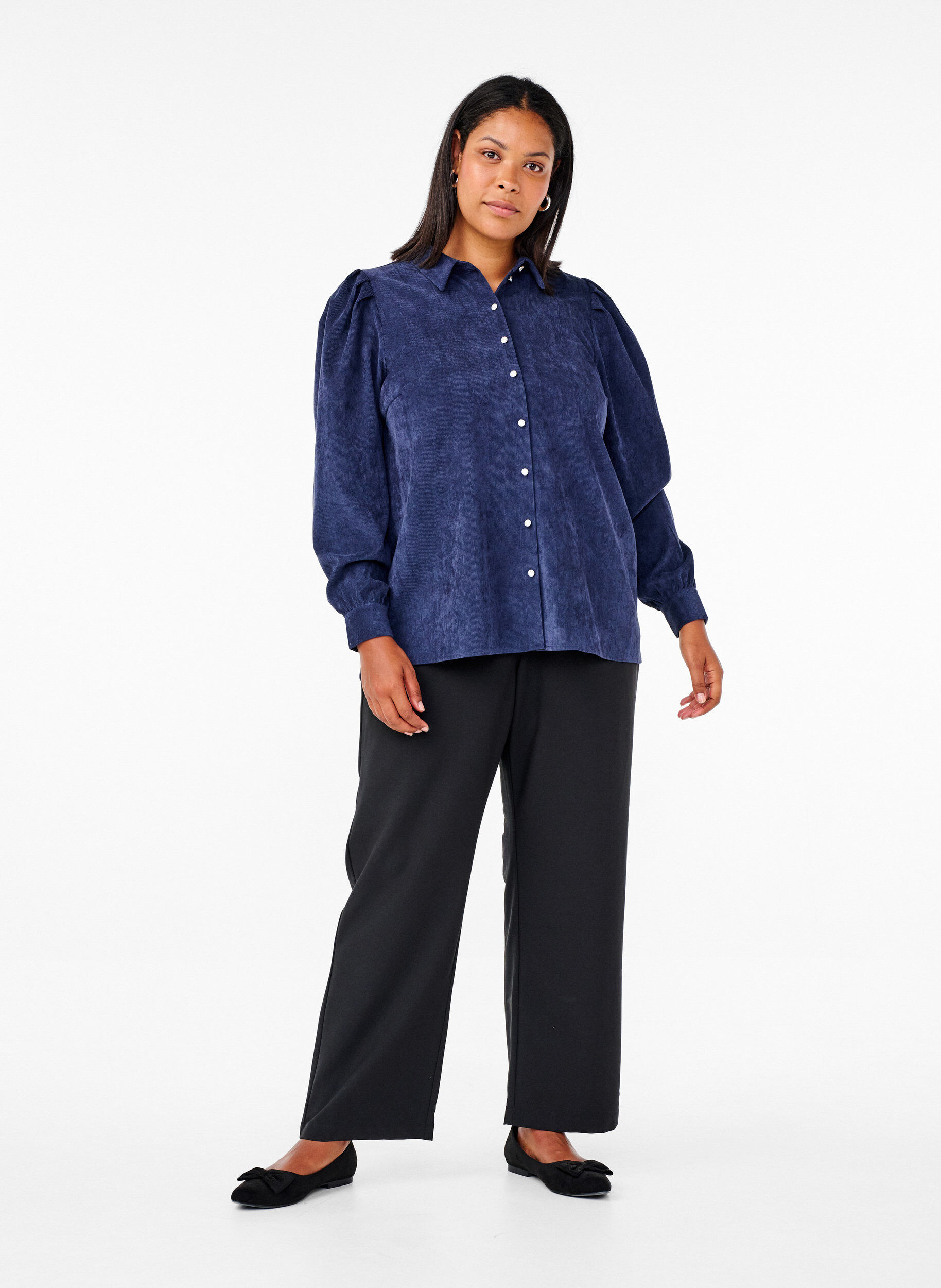 Zizzi Fluwelen overhemd met strasknopen, Medieval Blue, Model image number 2