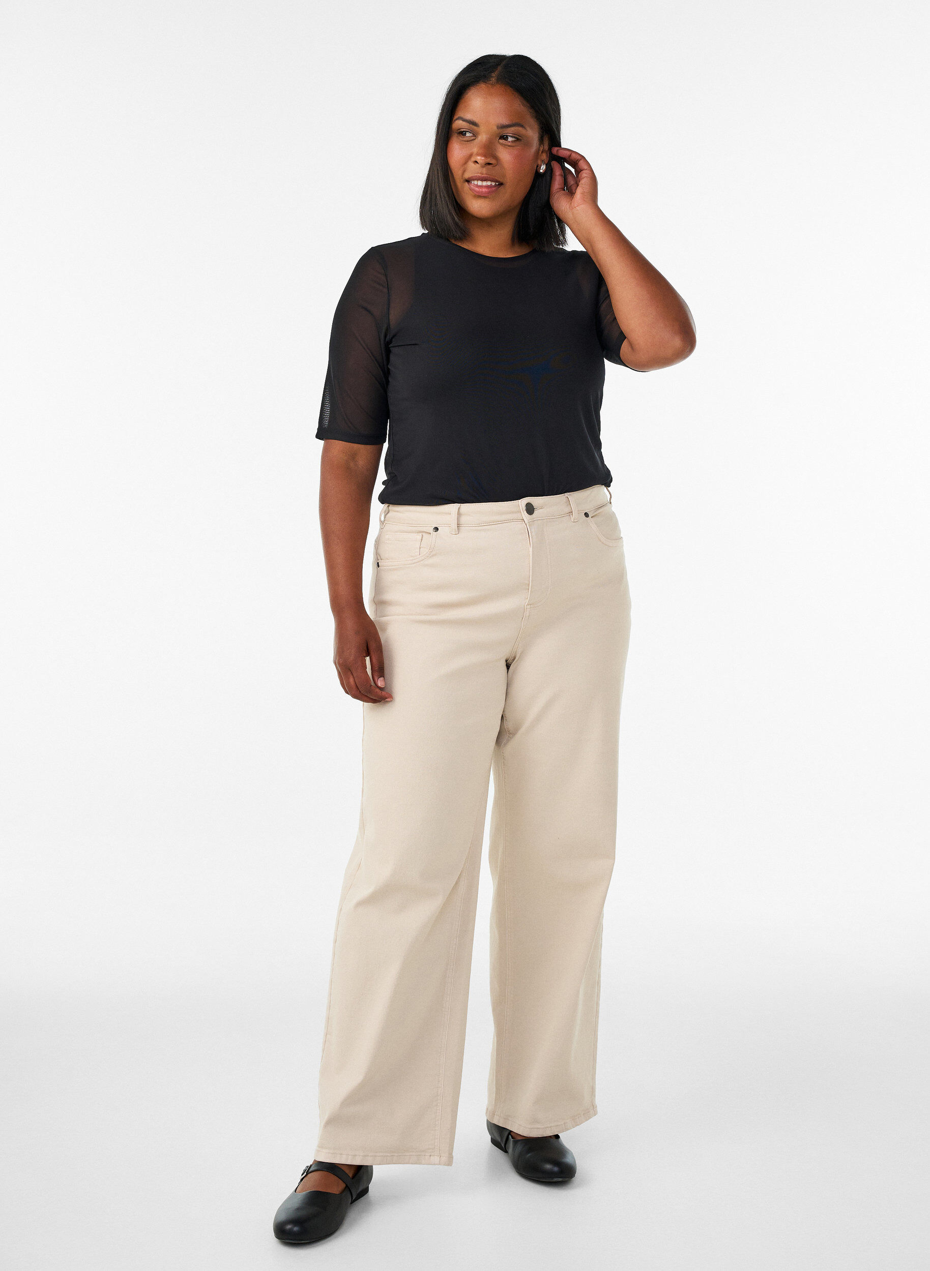 ZizziMesh top met korte mouwen en ronde hals, Zwart, Model image number 1
