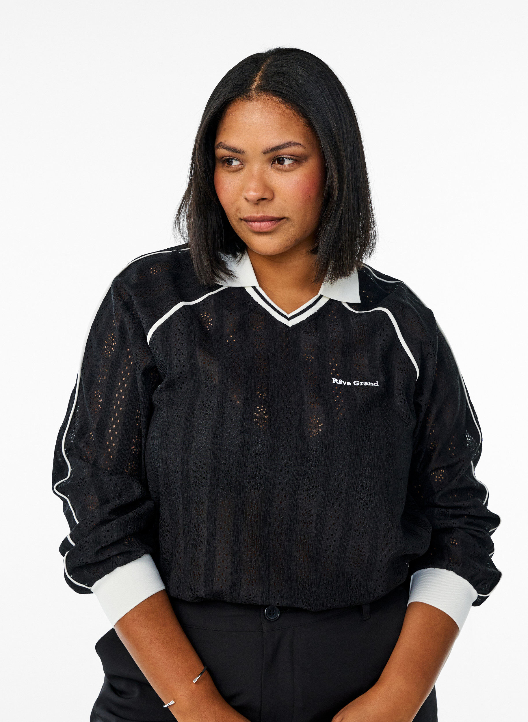 Jersey blouse met een textuur en contrasterende details, Zwart, Model