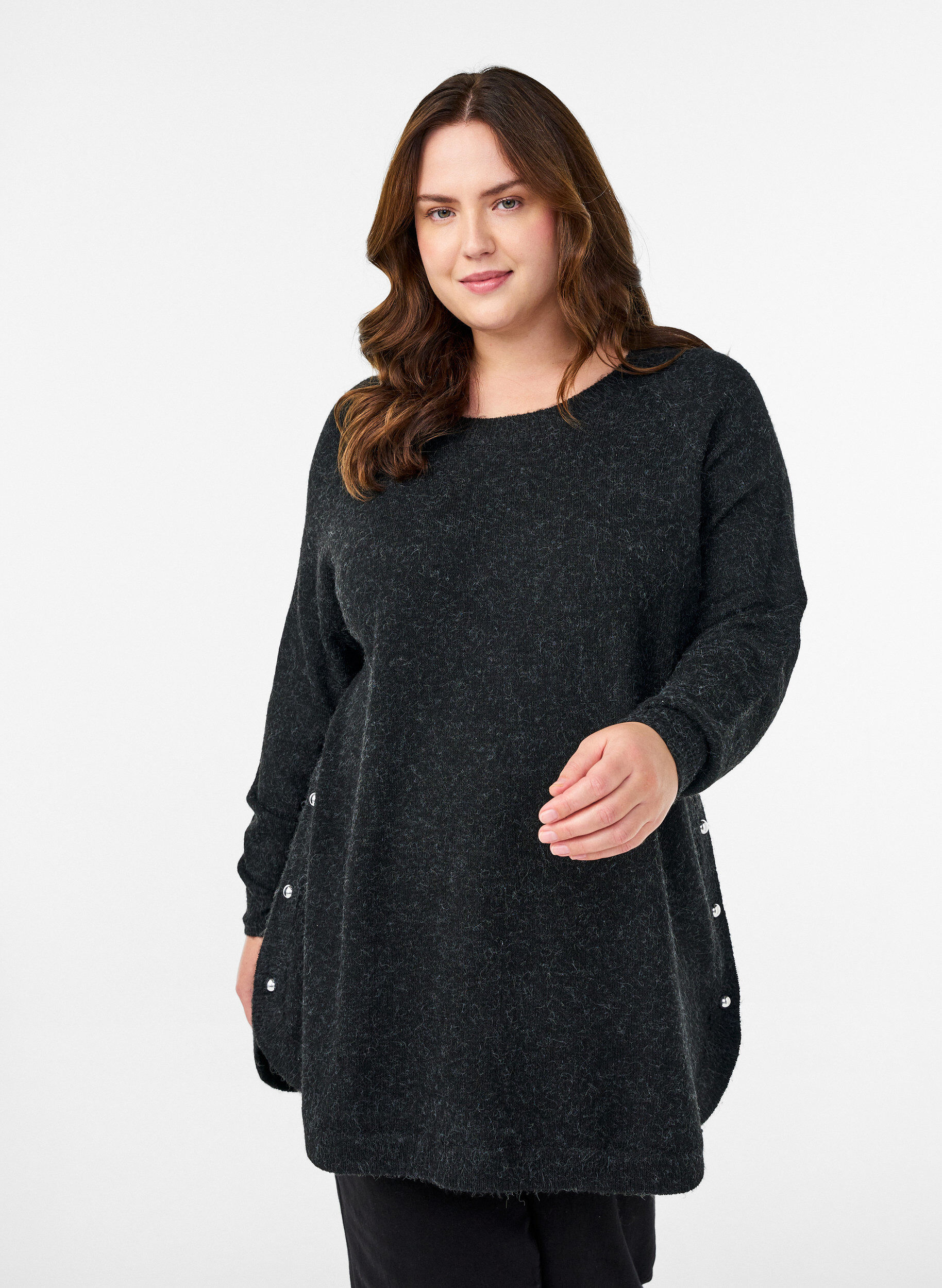 Lange gebreide blouse met balknopen, Grijs, Model