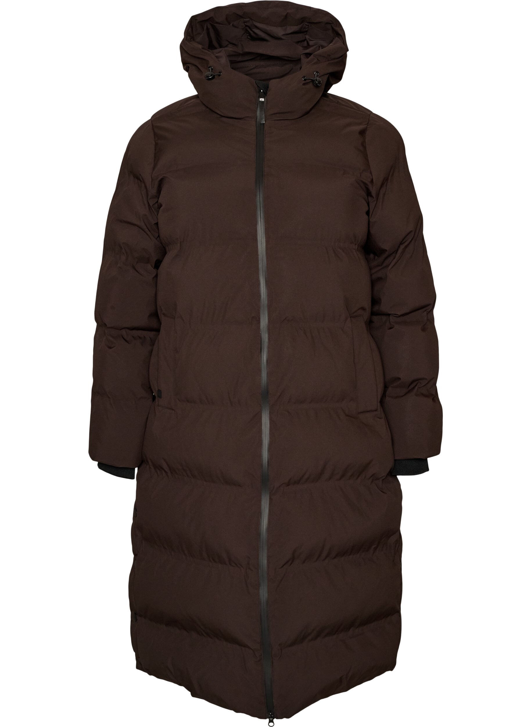 ZizziLange puffer winterjas met capuchon, Bruin, Packshot image number 0