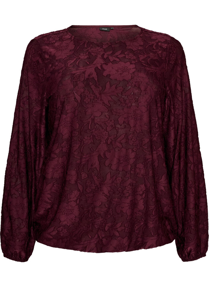 Doorschijnende blouse met bloemenstructuur en lange mouwen, Rood, Packshot image number 0