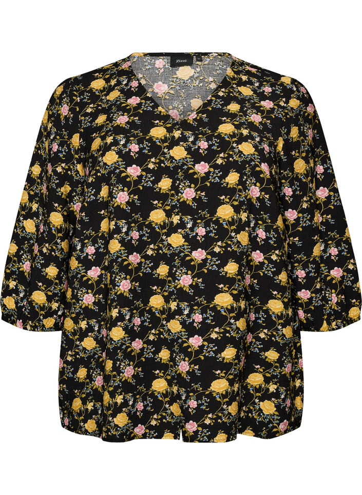 Blouse van viscose met patroon en 3/4-mouwen, Zwart, Packshot image number 0