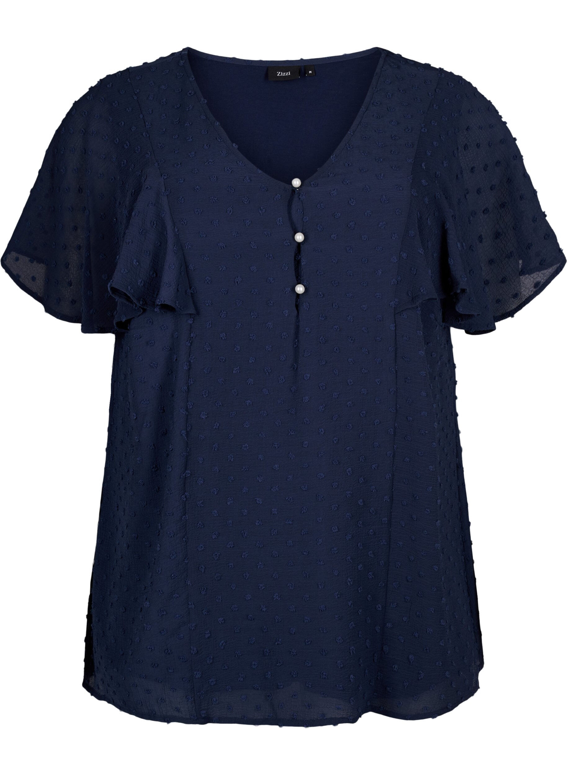 Zizzi Blouse met gestippelde textuur en korte mouwen, Navy Blazer, Packshot image number 0