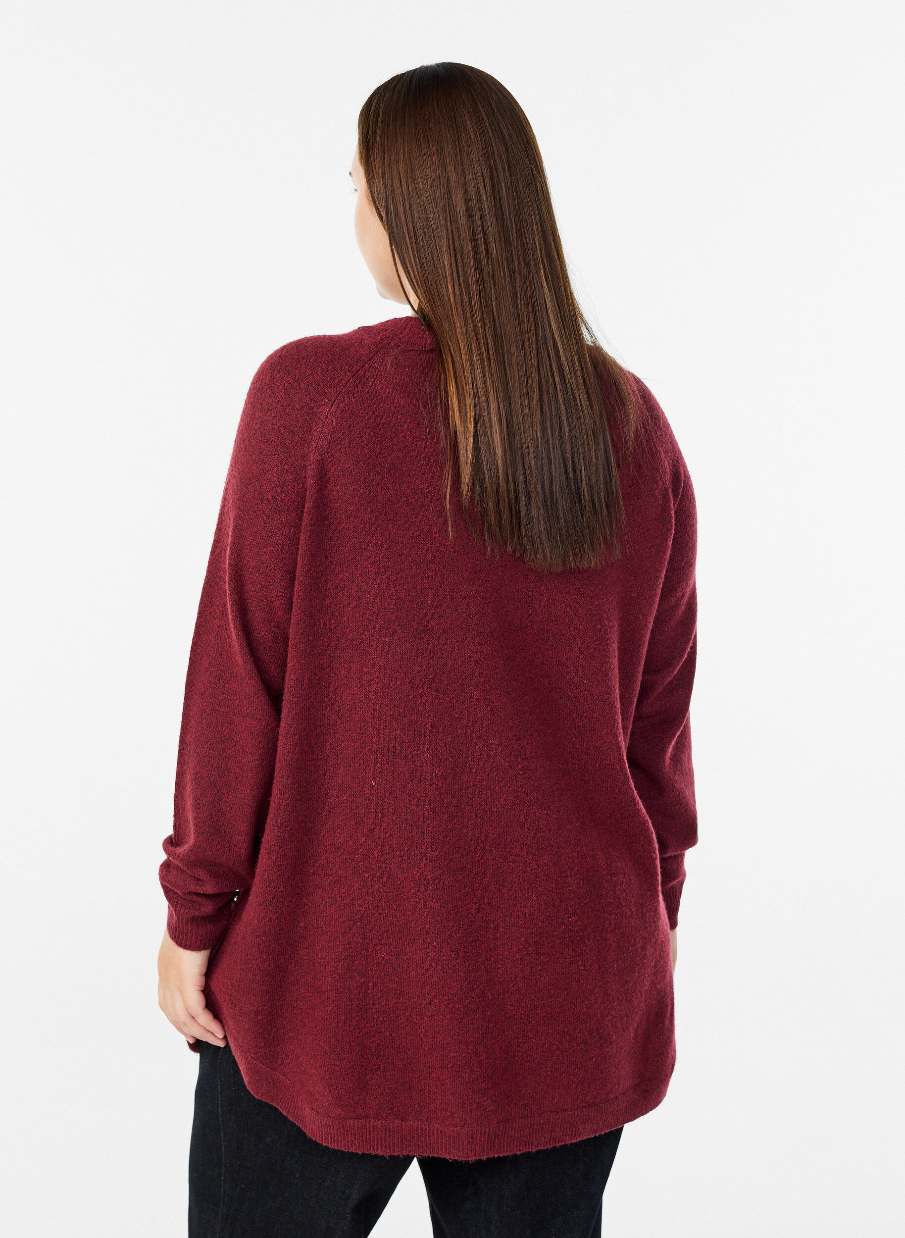 Zizzi Lange gebreide blouse met bolknopen, Donker Bordeaux, Model image number 2