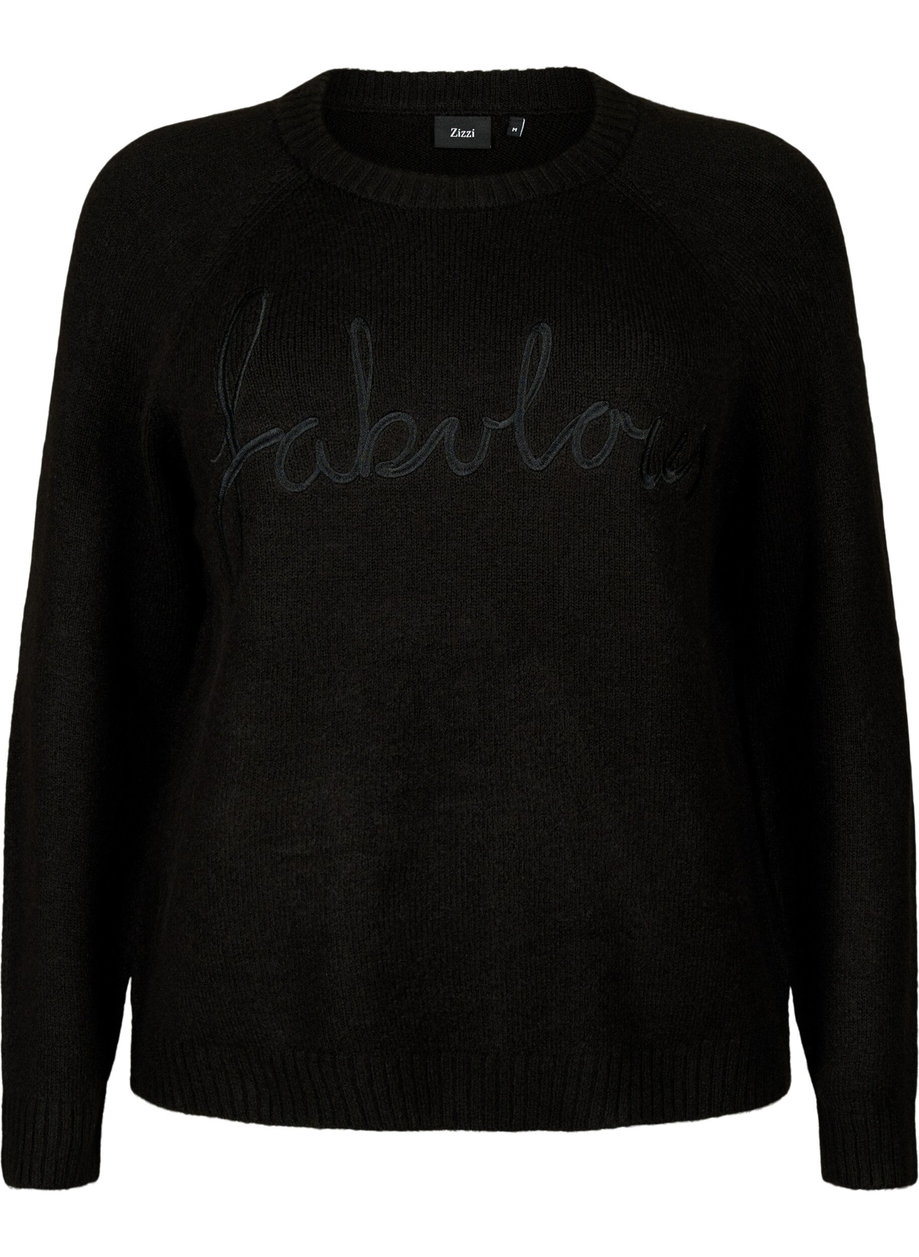 Zizzi Gebreide blouse met geborduurde tekst, Black/Black, Packshot image number 0
