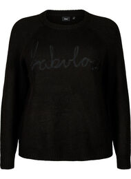 Gebreide blouse met geborduurde tekst, Black/Black