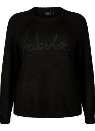 Gebreide blouse met geborduurde tekst, Black/Black, Packshot image number 0