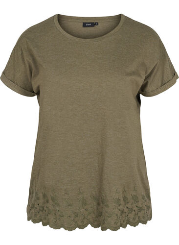 T-shirt met korte mouwen en borduursel anglaise, Ivy Green Mel., Packshot image number 0