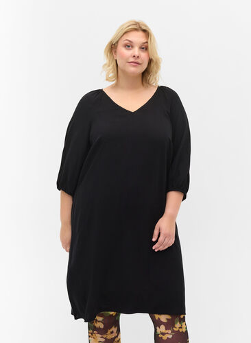 Viscose jurk met v-hals , Black, Model image number 0