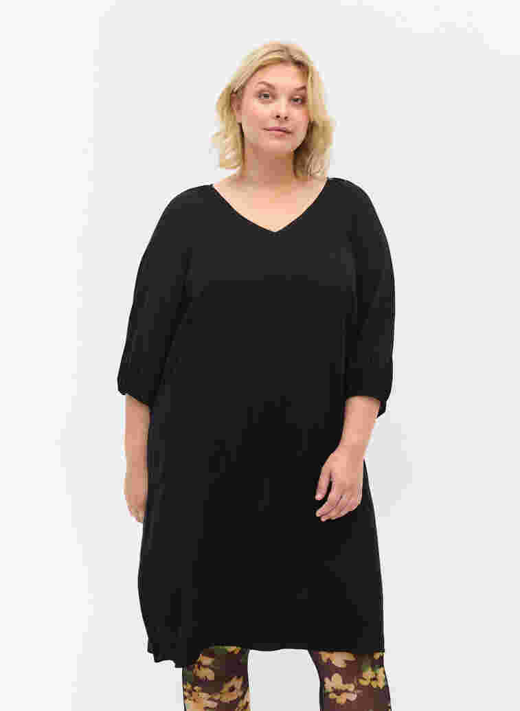 Viscose jurk met v-hals , Black, Model image number 0