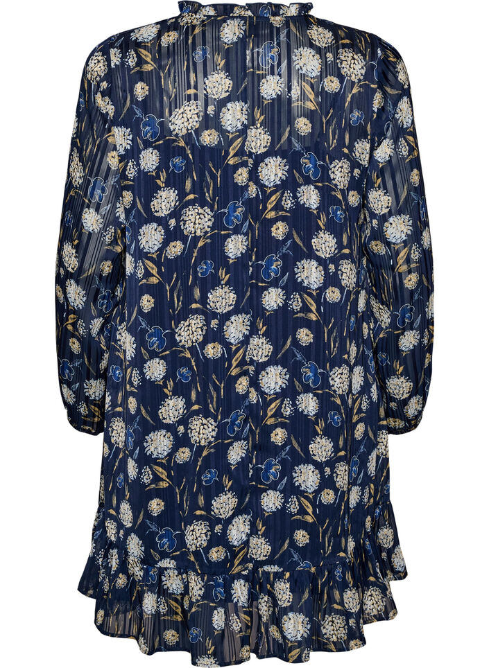Jurk met patroon, ruches en lange mouwen, Blauw, Packshot image number 1