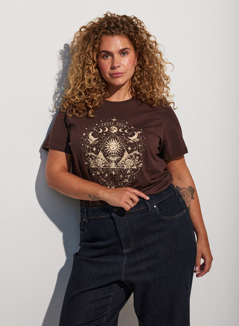 Katoenen T-shirt met print aan de voorkant, Bruin, Model image number 0