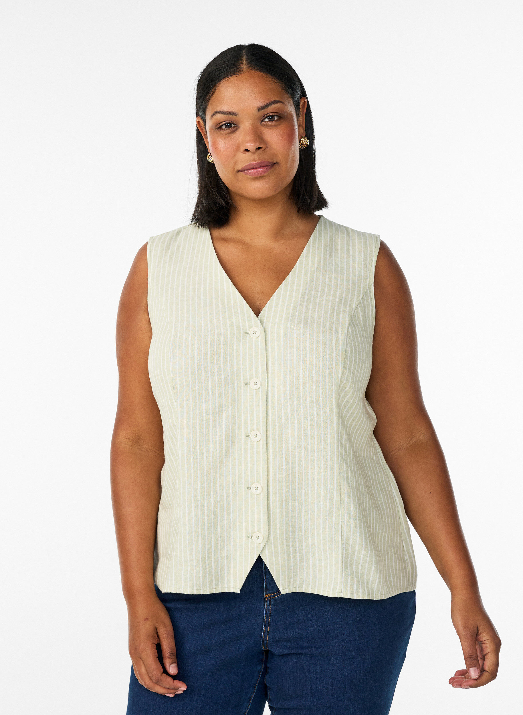 ZizziGestreepte vest in linnen en viscose, Groen, Model image number 0