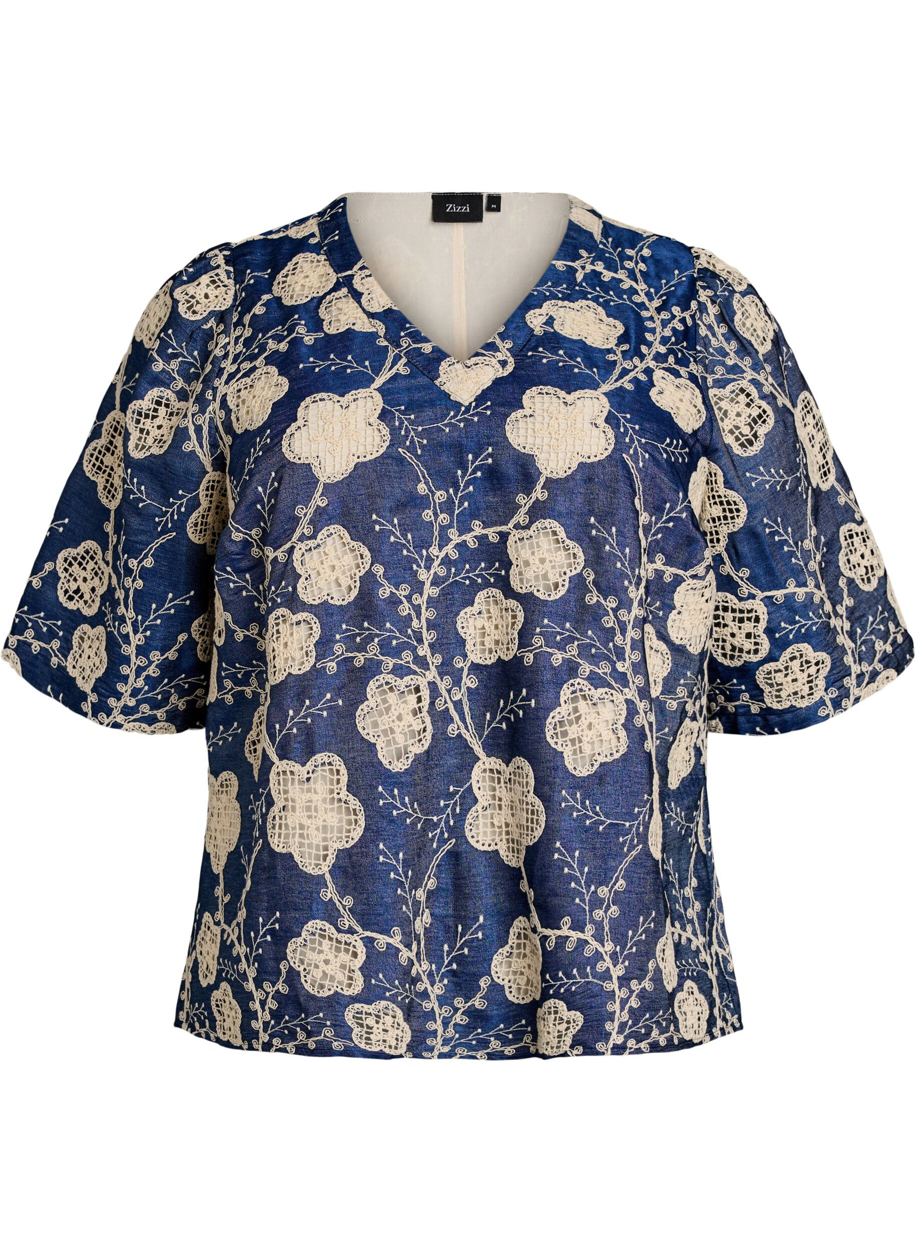 Zizzi Blouse met V-hals en geborduurd patroon, Blauw, Packshot image number 0