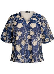 Blouse met V-hals en geborduurd patroon, Blauw