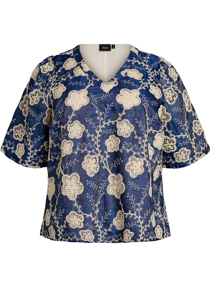 Blouse met V-hals en geborduurd patroon, Blauw, Packshot image number 0