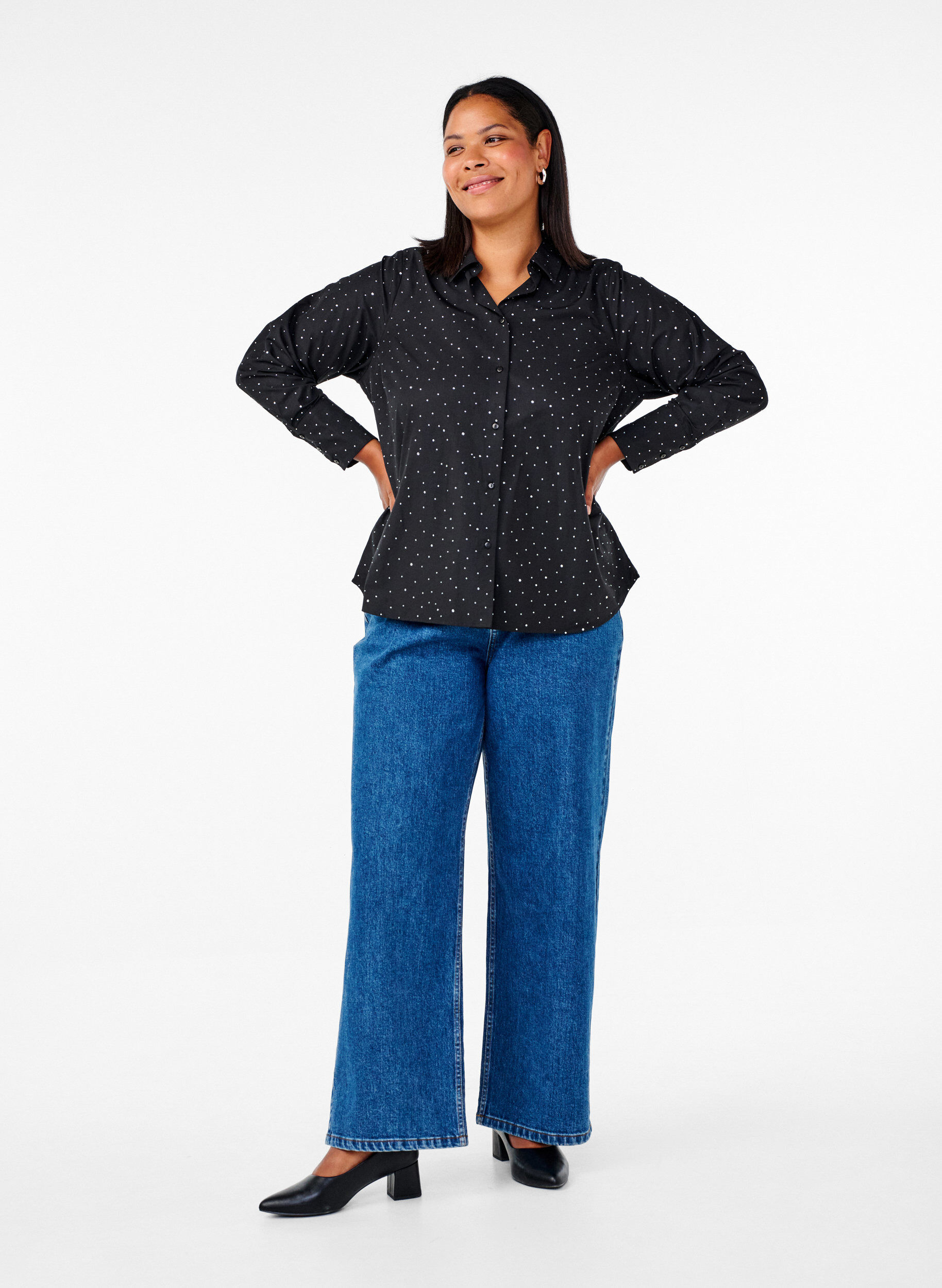 Zizzi Shirt met strassteentjes, Black, Model image number 3