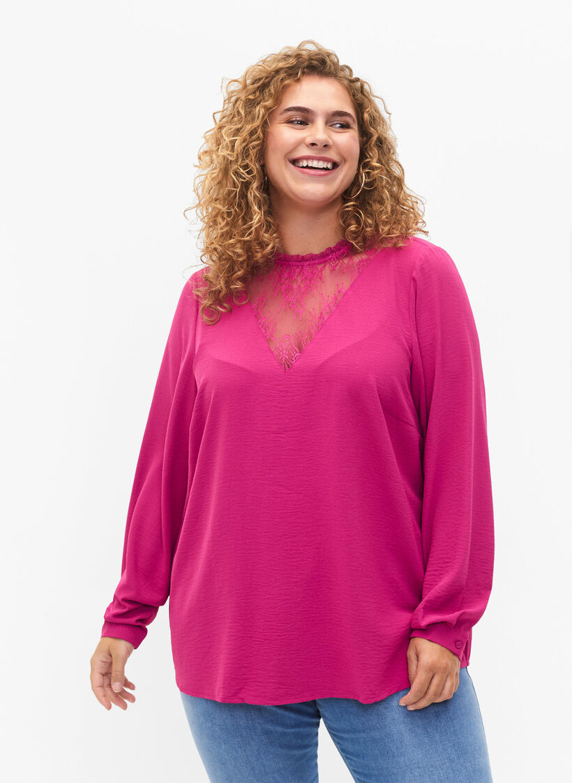 Blouse met lange mouwen en kanten detail, Festival Fuchsia, Model image number 0
