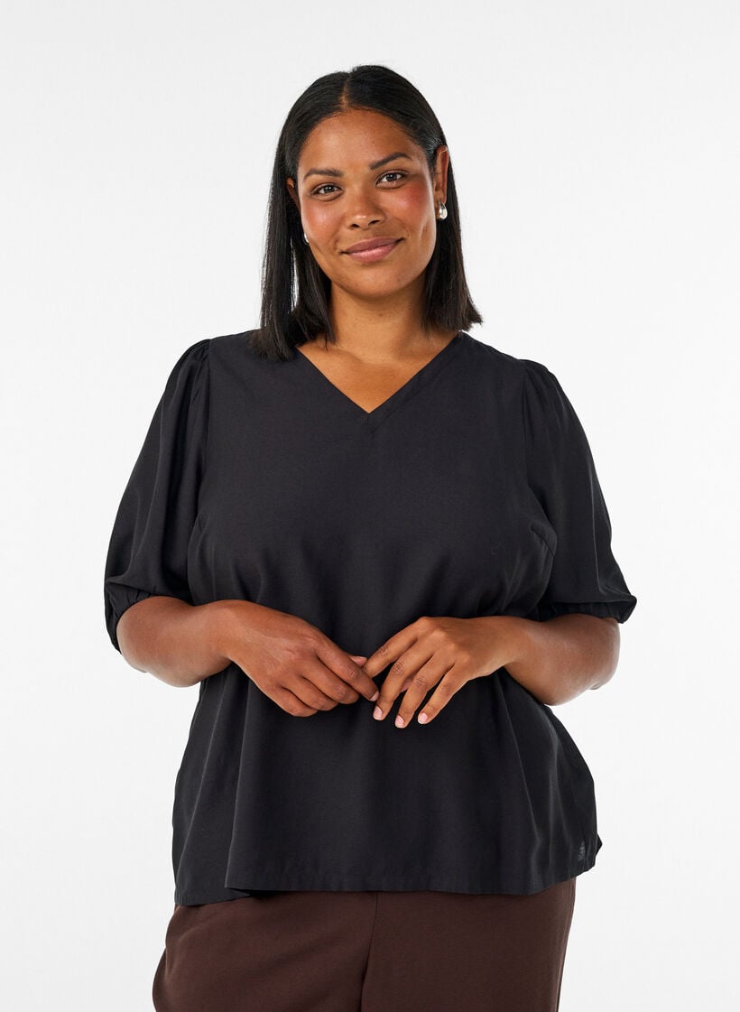 Viscose blouse met V-hals, Zwart, Model image number 0