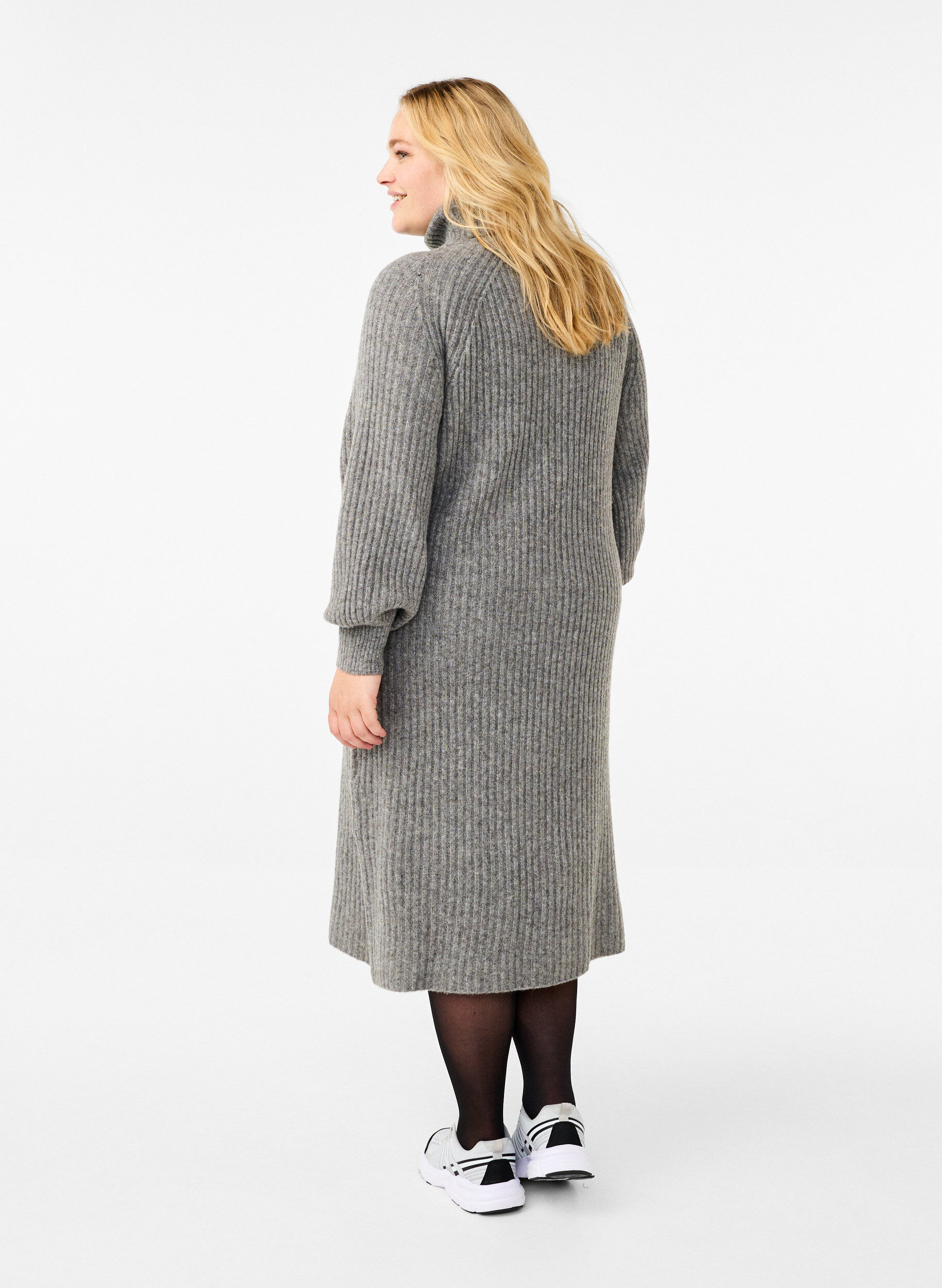 Zizzi Lange gebreide jurk met col, Medium Grey Mel., Model image number 1