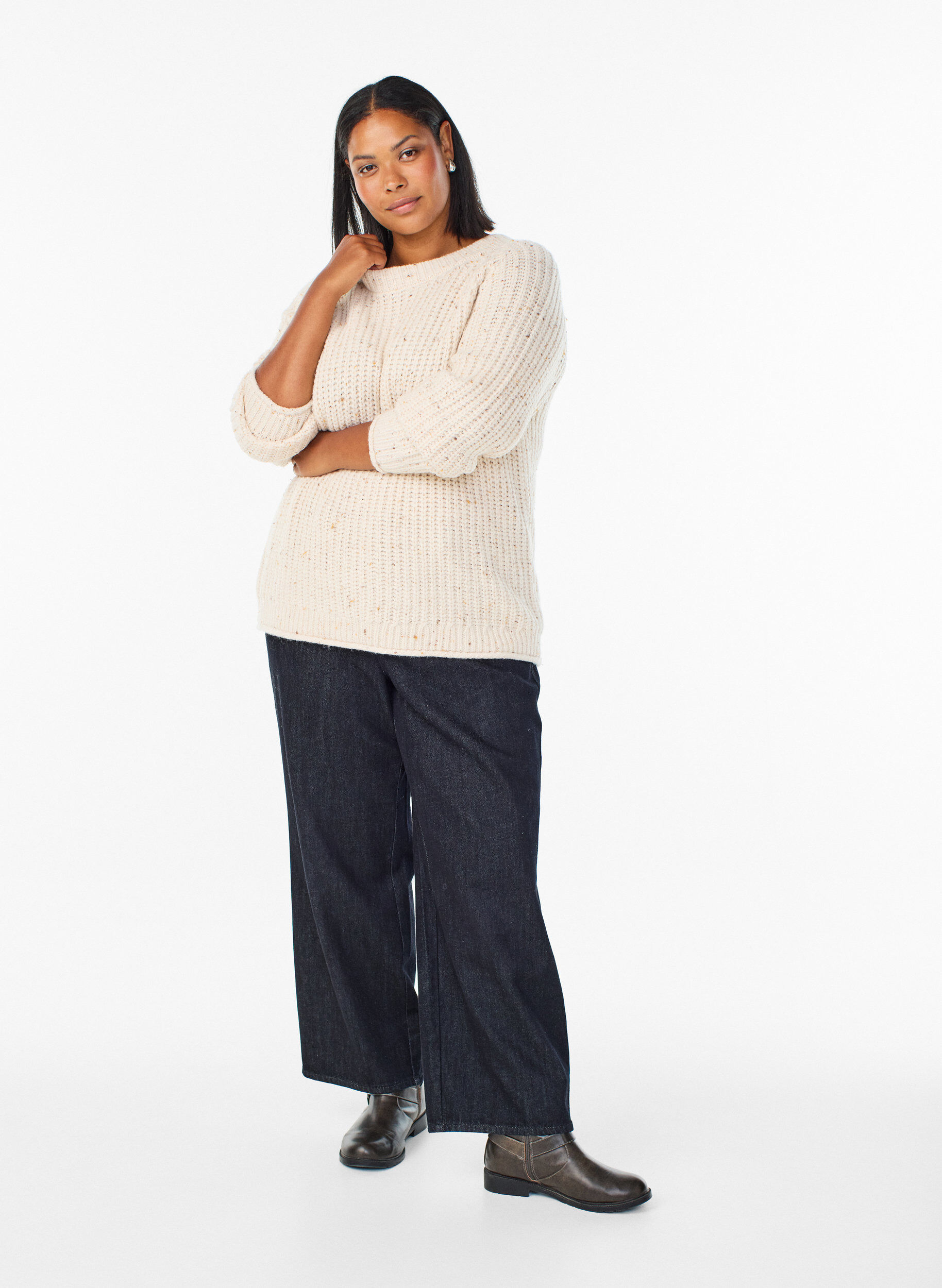 Zizzi Gebreide trui met raglanmouwen, Beige, Model image number 1