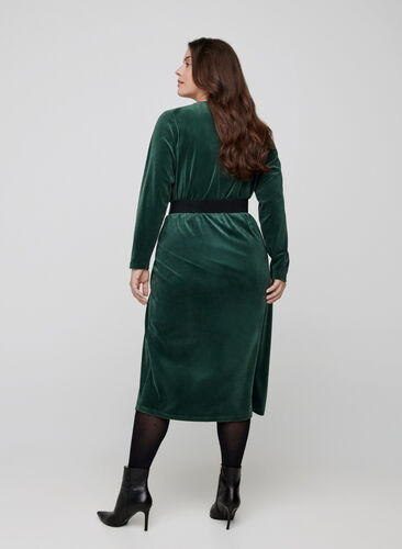 Midi-jurk in velours met lange mouwen, Darkest Spruce, Model image number 0