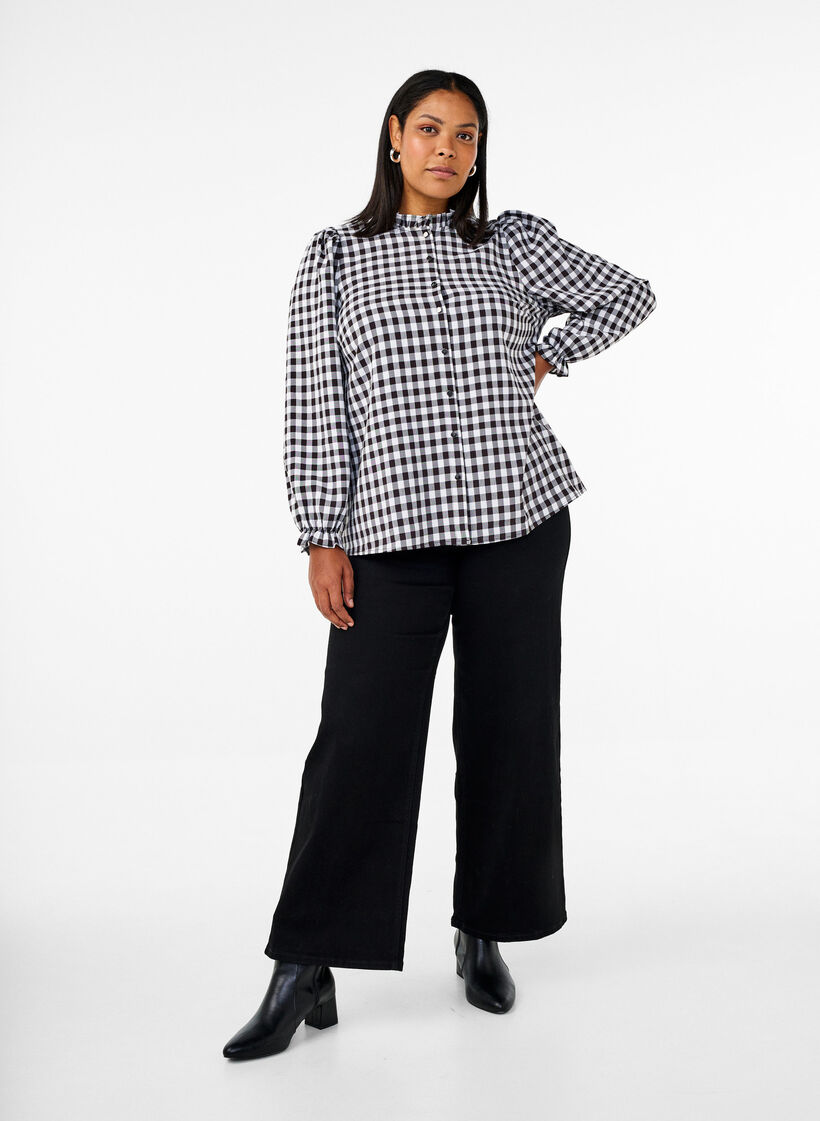 Geruite shirt blouse met ruchesdetails, Black/W. Gingham, Model image number 3