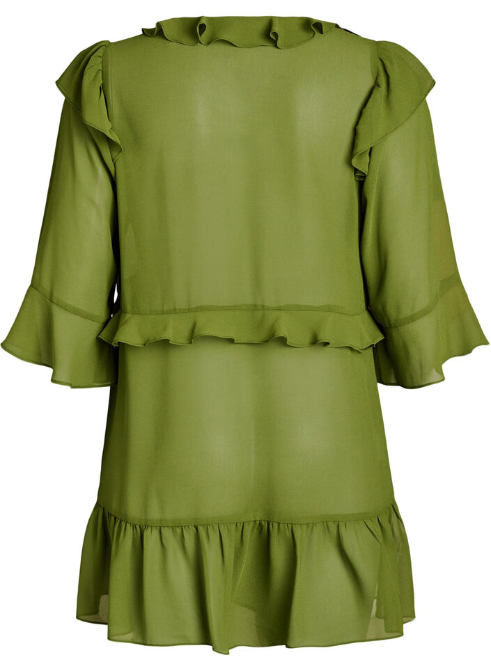 Lichtgewicht jurk met ruches en een V-hals, Groen, Packshot image number 1