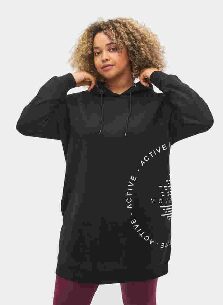 Lang sweatshirt met capuchon en print, Black w. Logo Print, Model image number 0