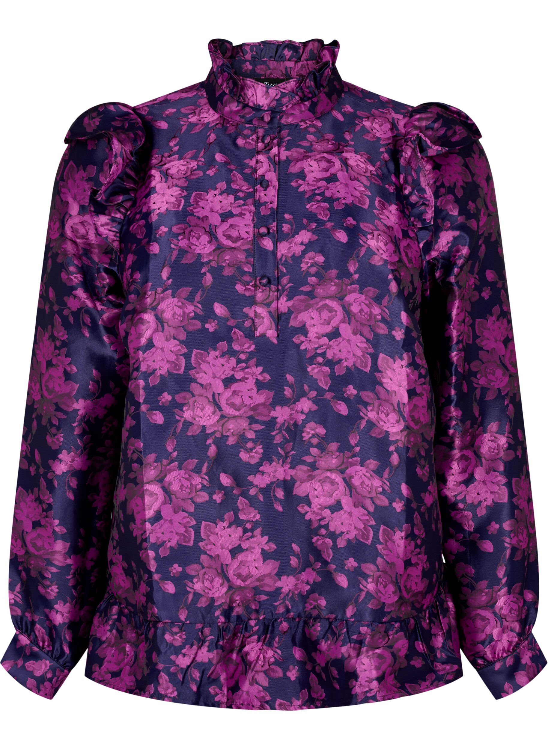 Zizzi Gebloemde jacquard blouse met ruches, Dark Blue Pink, Packshot image number 0