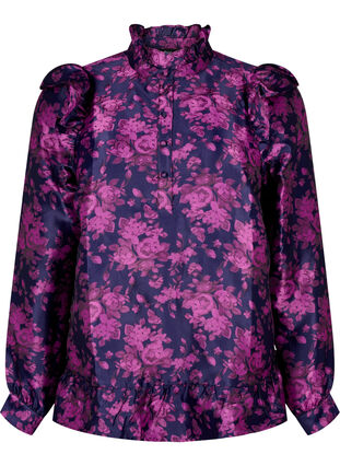 Gebloemde jacquard blouse met ruches, Dark Blue Pink, Packshot image number 0