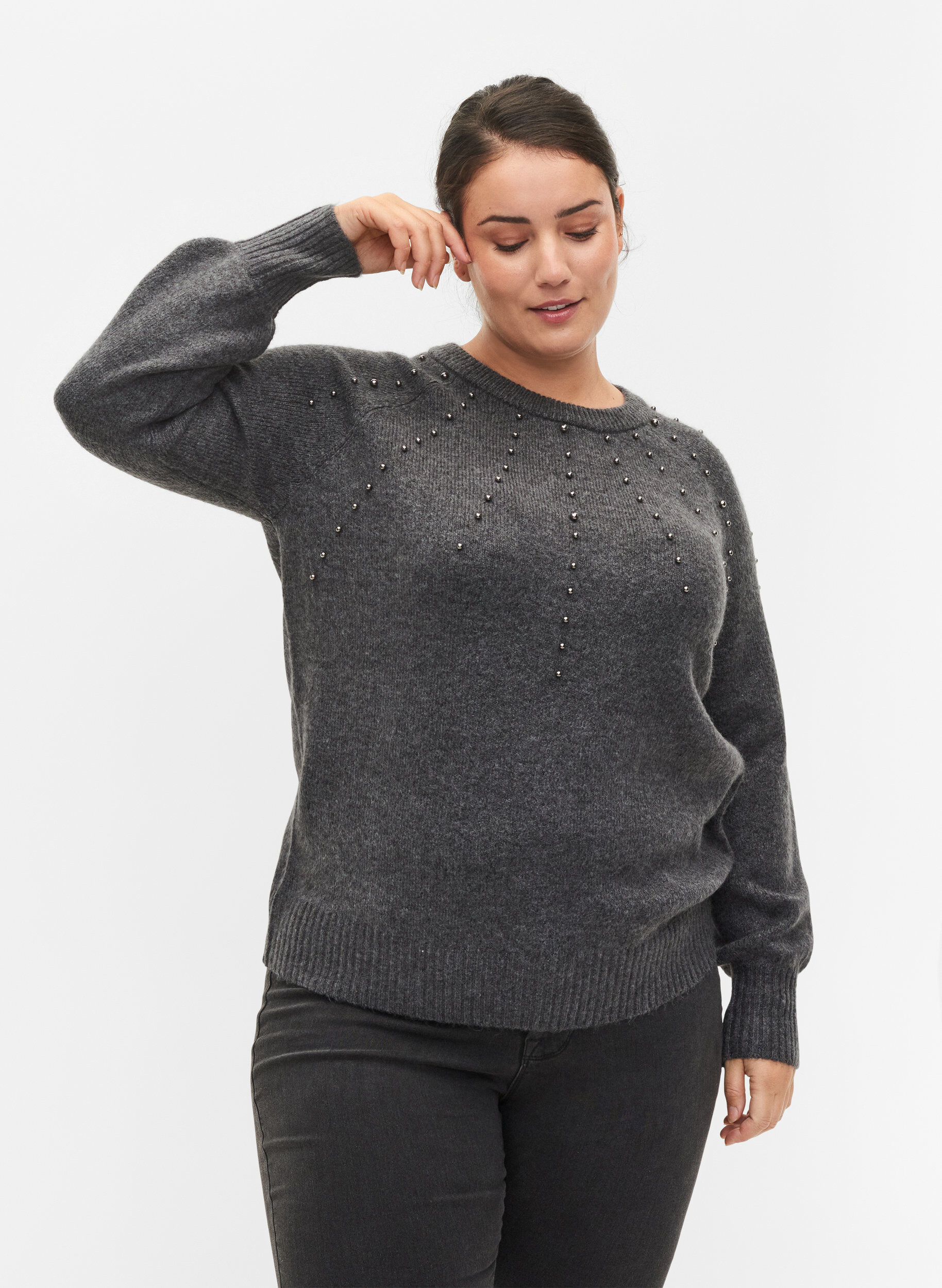 Zizzi Gebreide blouse met parels, Dark Grey Melange, Model image number 0