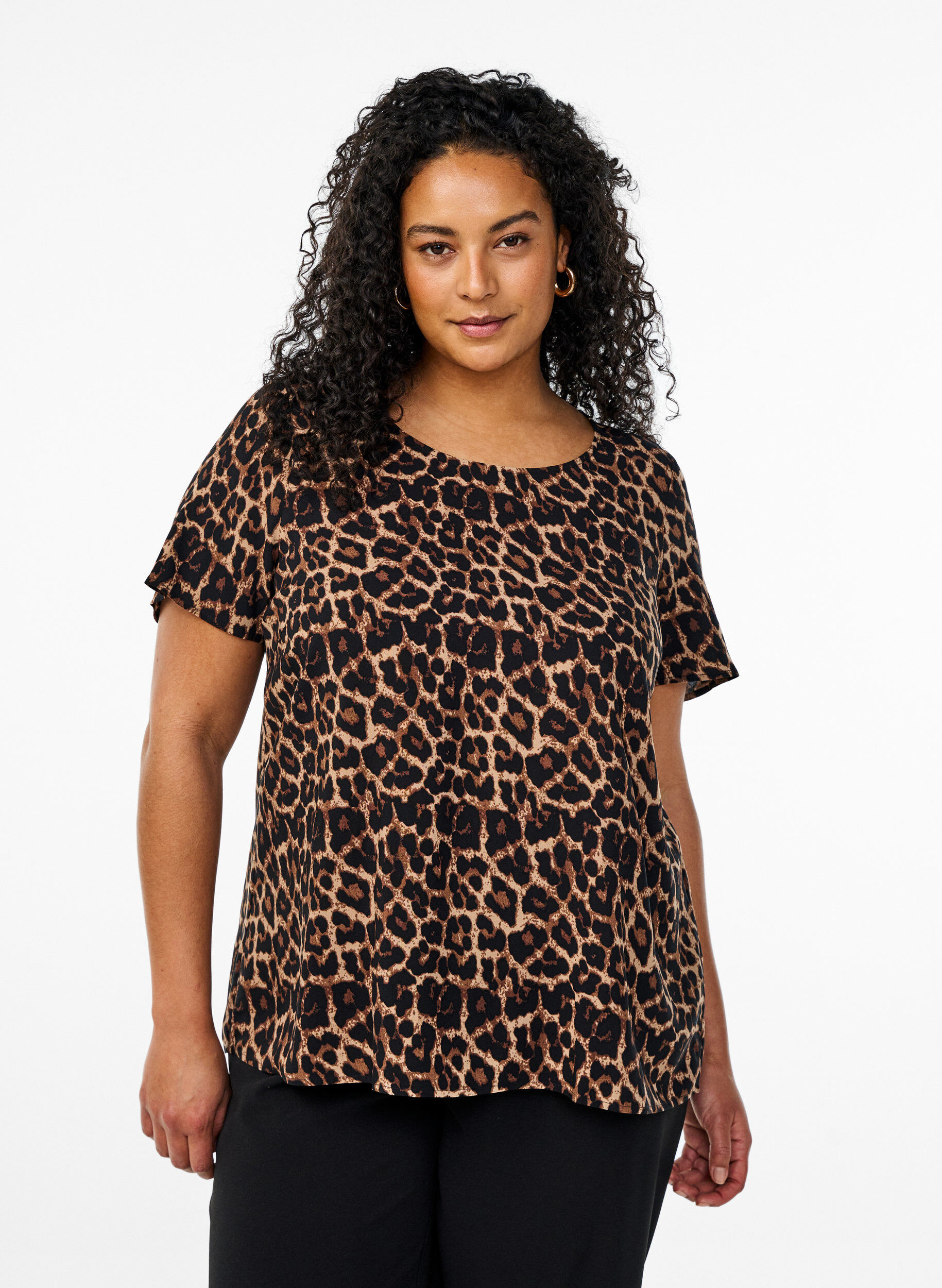 Zizzi Viscose blouse met korte mouwen en print, Bruin, Model image number 0