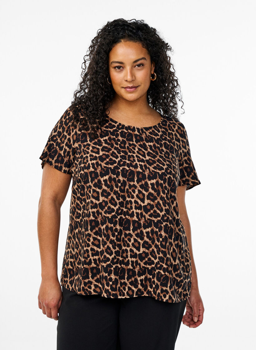 Viscose blouse met korte mouwen en print, Bruin, Model image number 0