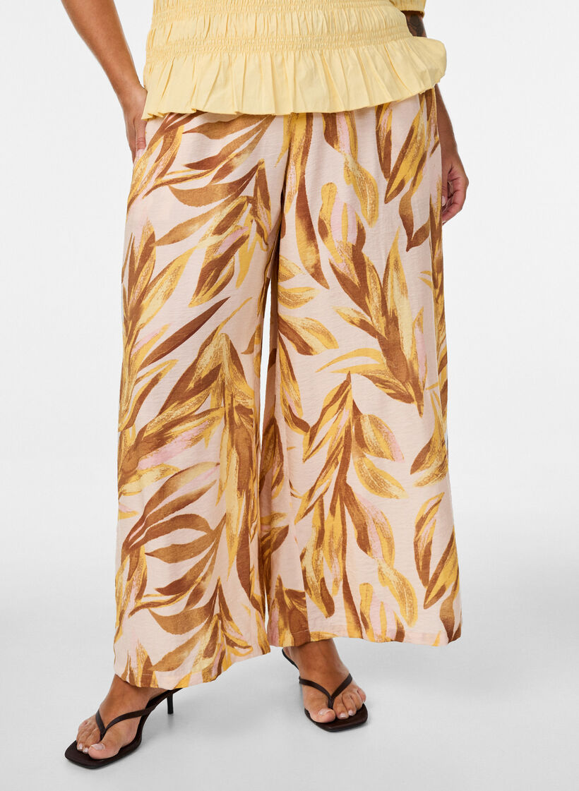 Wijde broek met bladprint en hoge elastische taille, Geel, Model image number 2