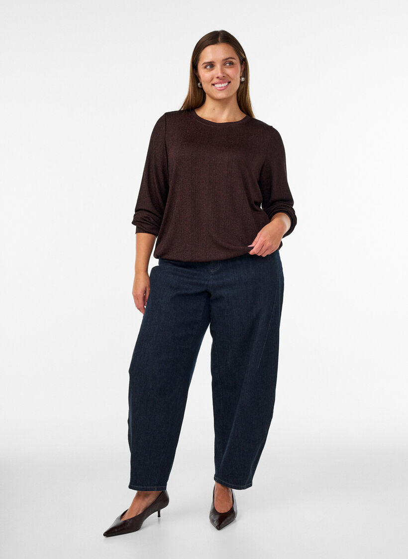 Blouse met verticale structuur en glitterdraad, Bruin, Model image number 1