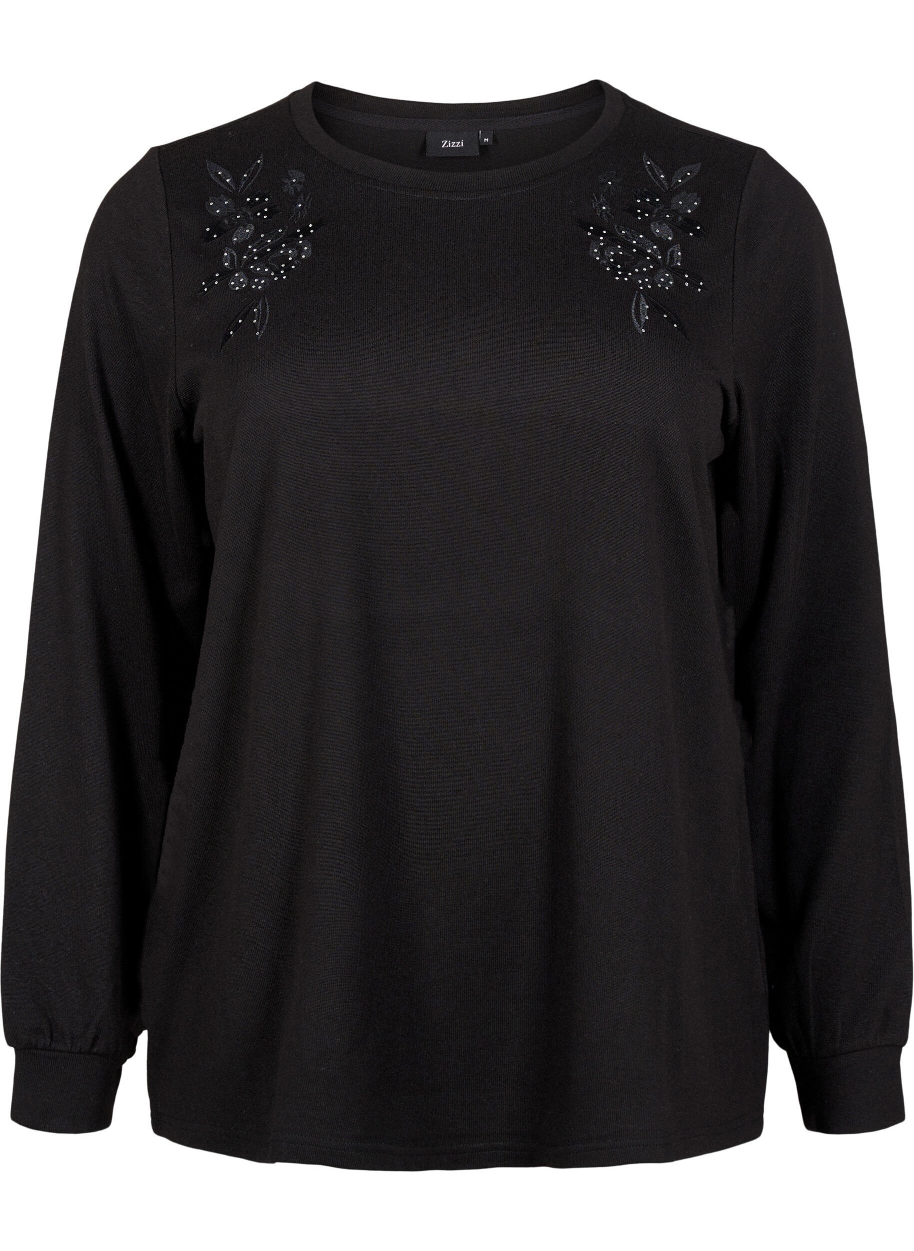 Zizzi Blouse met borduursels en strass steentjes, Black, Packshot image number 0