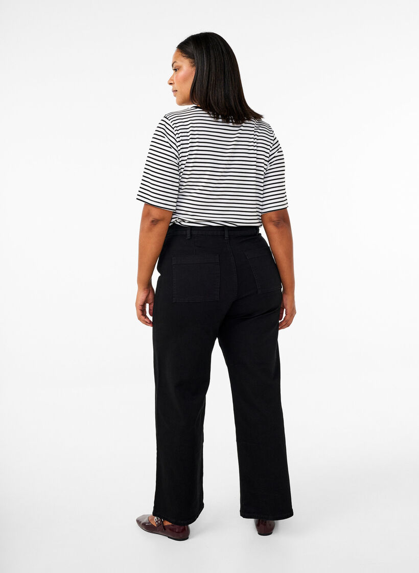 Jeans met hoge taille en wijde pijpen, Zwart, Model image number 1