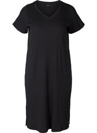 Geribbelde jurk met korte mouwen en split, Black