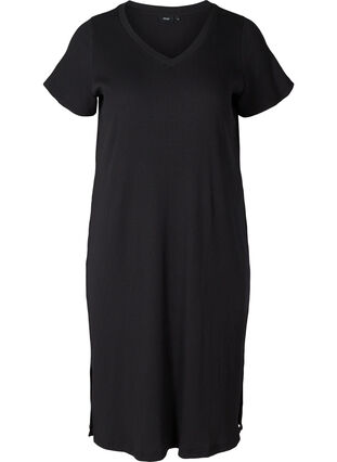 Geribbelde jurk met korte mouwen en split, Black, Packshot image number 0