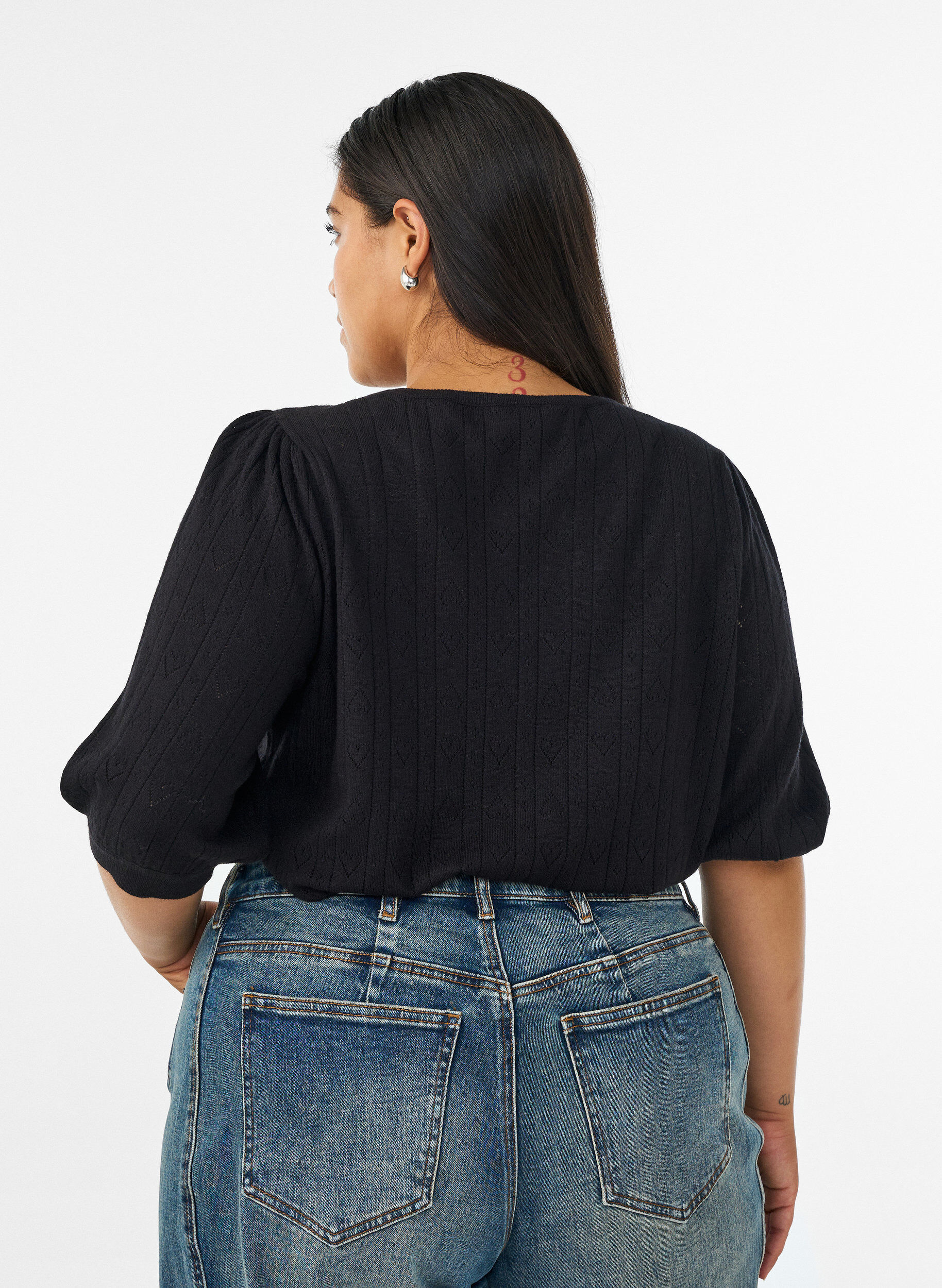 ZizziGebreide blouse met korte mouwen en pointellepatroon, Zwart, Model image number 2