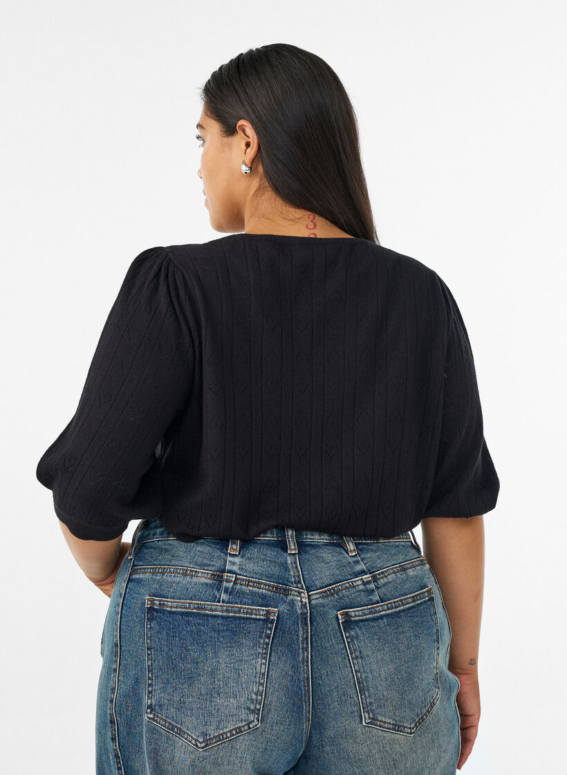 Gebreide blouse met korte mouwen en pointellepatroon, Zwart, Model image number 2