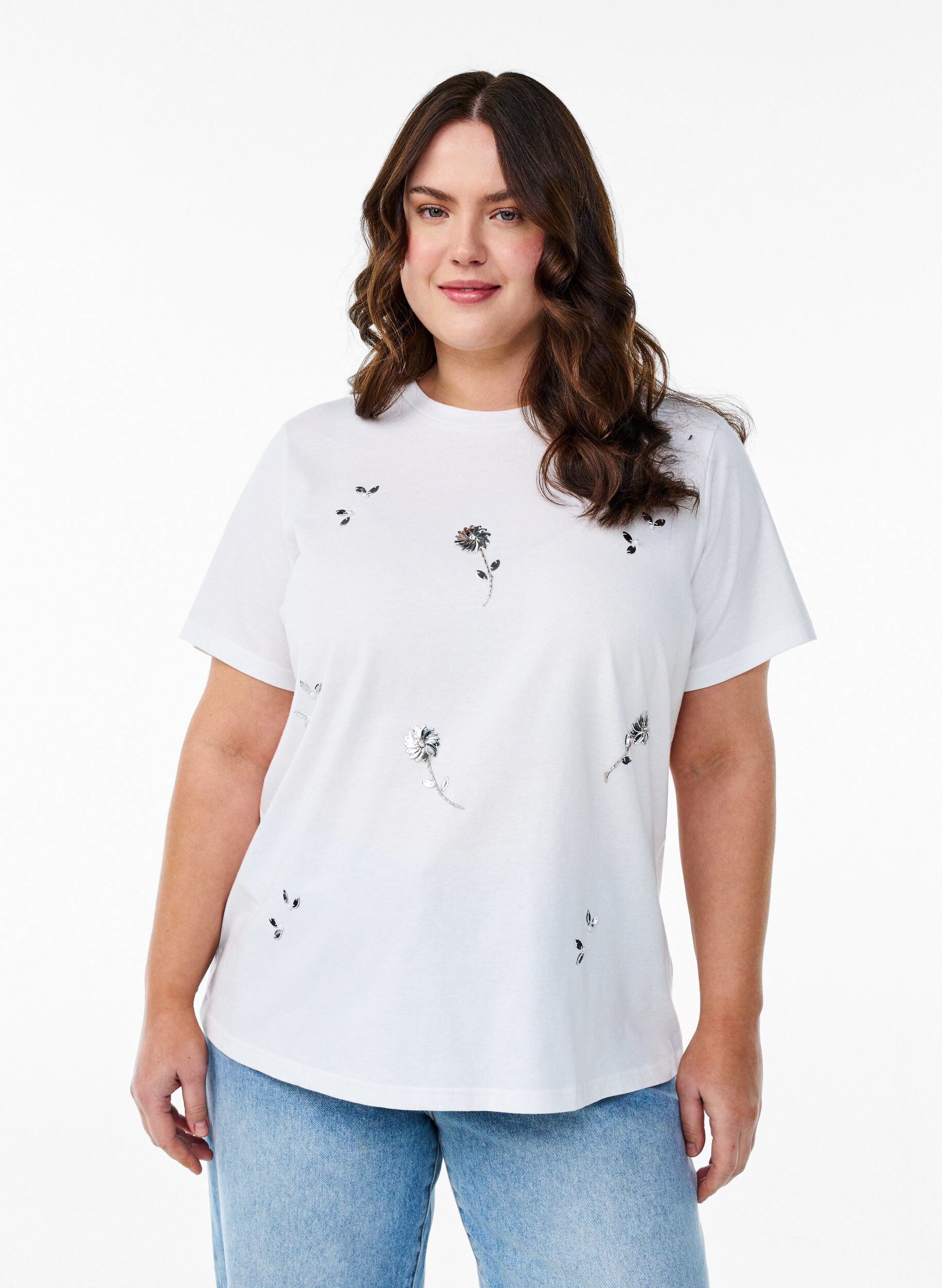 T-shirt met paillettenbloemen, Wit, Model
